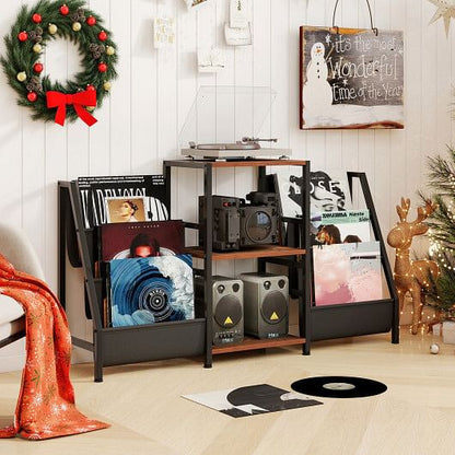 Record Player Stand for up to 200 Albums Turntable Display Stand with 3 Shelves-Rustic Brown