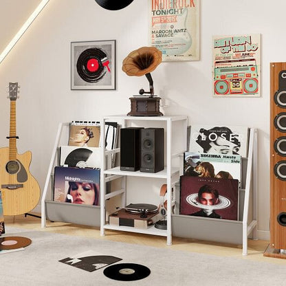 Record Player Stand for up to 200 Albums Turntable Display Stand with 3 Shelves-Rustic Brown
